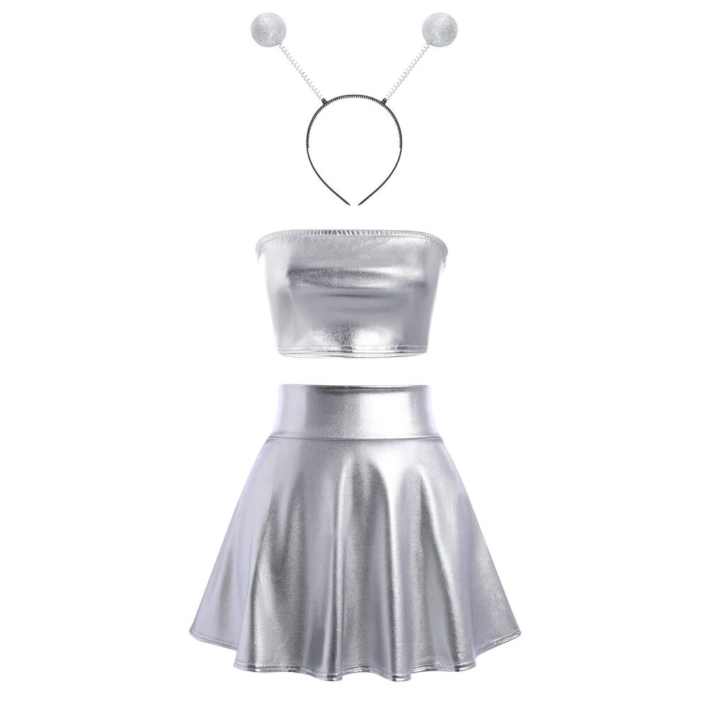 6397 Alien Costume Rave Outfit for Music Festival Metallic Crop Top Shirt
